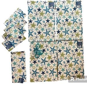 Beach House Set Placemats Fabric Napkins Towel, Sea glass Napkin holders